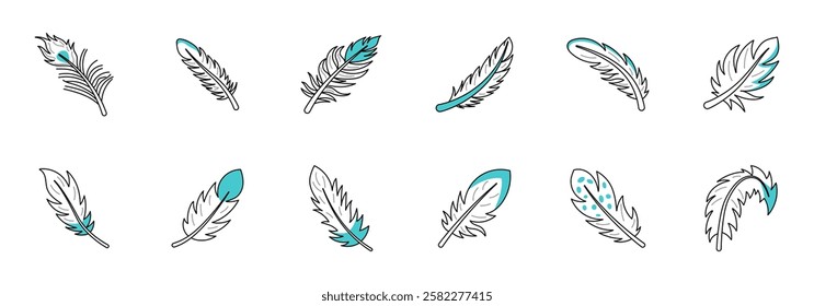 Set of stylized feather illustrations in a simple, colorful design. They are arranged neatly in two rows.