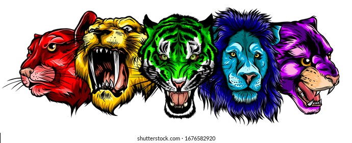 Set of stylized feline heads on grey background. Vector Illustration