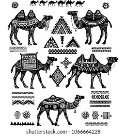 Set of stylized figures of Camels and ornament