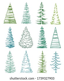 set of stylized fir trees on white. line art spruce trees with minimal design, various lines and shapes svg