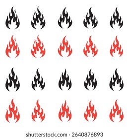 Set of stylized fire icons in red and black.