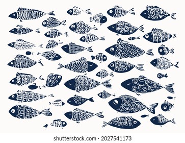 A set of stylized fish of dark blue color. Isolated elements of sea fish drawn in a cartoon style with patterns of dots and lines without a contour on a light background for a design template