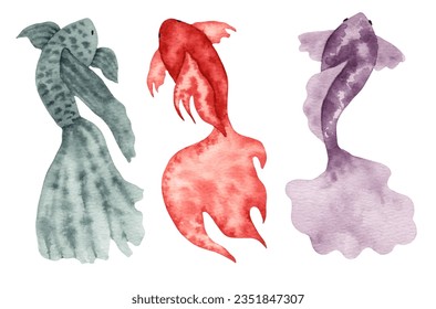 Set of stylized fish. Sea creatures. Simple design. Suitable for cards, invitations, brochures and prints, adding elegance to your design projects. Watercolor illustration. Hand drawing isolated.