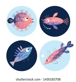 set of stylized fishes, sea creatures