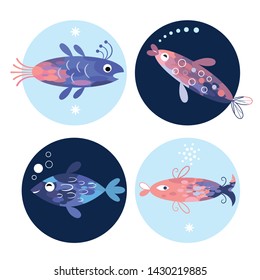 set of stylized fishes, sea creatures