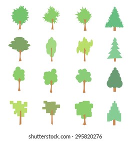 Set of stylized flat tree icons, vector illustration, isolated on white background