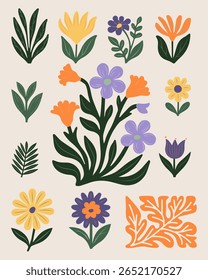Conjunto de Elementos decorativos florales estilizados con hojas y flores en verde amarillo y púrpura. Concepto de diseño botánico, creación de adornos, decoración textil, embalaje ecológico, patrón de superficie