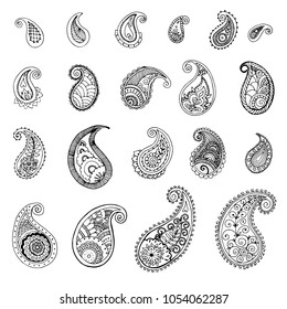 set of stylized flower doodle paisley elements