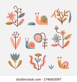 Set of stylized flowers and cute snails. Hand drawn cartoon illustration with floral elements for kids design.