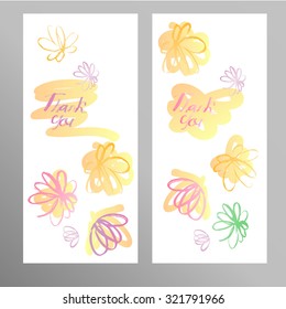 Set of stylized flowers design template. Thank you card hand painted. Vector color illustration on white.