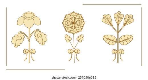 Set of stylized flowers. Flowers with fill and outline. Set of fantasy flowers with bows. Plants on isolated background