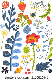conjunto de flores estilizadas y plantas sobre un fondo transparente