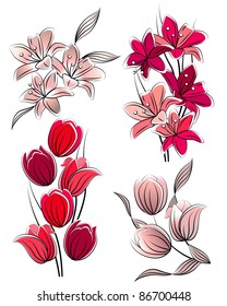 Set of stylized flowers: tulips and lilies