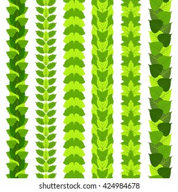 Set of stylized foliate borders made of different tree leaves, such as ginkgo, tulip tree, ash, birch, maple and poplar.  Vector illustration.
