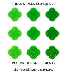 Set of stylized four-leaf clover. Different style variants of colors and decor. Symbol of luck. Vector design elements