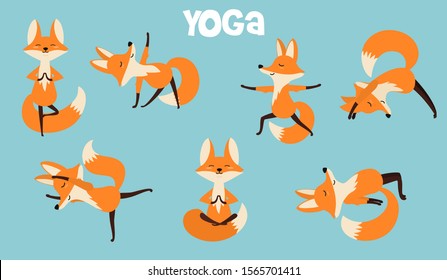 Set of stylized foxes in various poses of yoga. Vector illustrations isolated on blue background. Character design in cartoon style for cards or print.