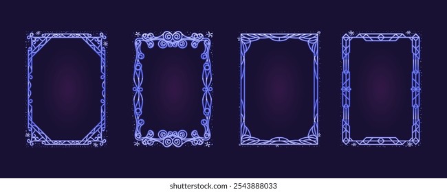 Set of stylized frames with winter pattern. Holiday season frame A4 format. Ice frame decorated with engraved pattern, snow, snowflakes. Template of elegant frame for celebration, Christmas, New Year.