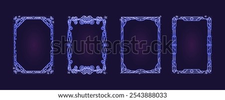 Set of stylized frames with winter pattern. Holiday season frame A4 format. Ice frame decorated with engraved pattern, snow, snowflakes. Template of elegant frame for celebration, Christmas, New Year.