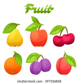 Set of stylized fresh fruits on white background.