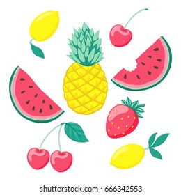 set of stylized fruits, a symbol of summer. Collection of scrapbooking elements. design for holiday greeting card and invitation of seasonal summer holidays, beach parties, tourism and travel