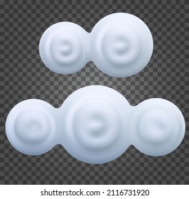 Establece la nube vectorial de dibujos animados divertidos y estilizados aislados en un fondo transparente. Niños arcilla, plástico o juguete suave. Elemento de diseño colorido de la colección. Ilustración 3d realista.