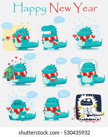 Set of stylized funny dinosaurs. Funny emotions. Vector illustration. The theme is suitable for winter holidays.