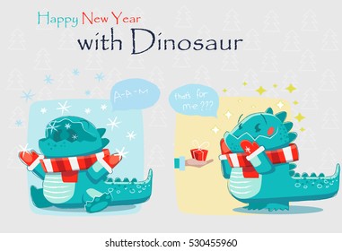 Set of stylized funny dinosaurs. Funny emotions. Vector illustration. The theme is suitable for winter holidays.