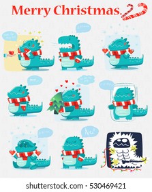 Set of stylized funny dinosaurs. Funny emotions. Vector illustration. The theme is suitable for winter holidays.
