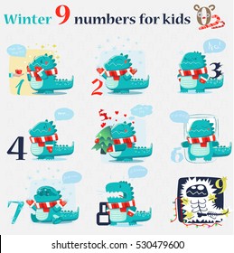 Set of stylized funny dinosaurs with number. Funny emotions. Vector illustration. The theme is suitable for winter holidays.
