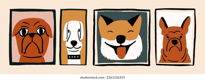 Set of stylized funny portraits of dogs of different breeds. Vector illustration in hand drawn style.