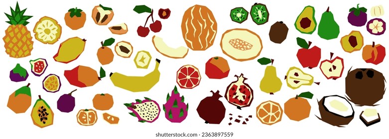 Conjunto de frutos geométricos estilizados enteros y en sección. Productos tropicales orgánicos naturales - piña, coco, papaya, manzana, mango, granada, melocotón, aguacate y otros. Ilustración plana del vector