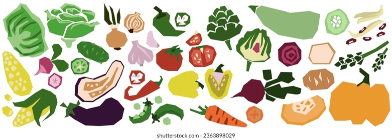 Conjunto de verduras geométricas estilizadas enteras y en sección. Resumen de los productos agrícolas orgánicos: zanahorias, patatas, tomates, pepinos, cebollas, berenjenas, remolacha y otros. Ilustración plana del vector