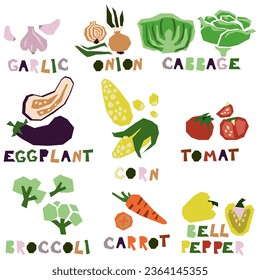 A set of stylized geometric vegetables whole and in section with the name. Abstract organic farm products. For printing on products denoting taste. Vector flat illustration highlighted on a white