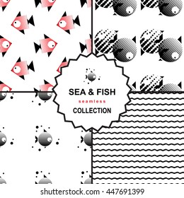 Set of stylized geometrical background with fishes. Vector seamless pattern collection