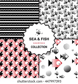 Set of stylized geometrical background with fishes. Vector seamless pattern collection
