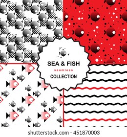 Set of stylized geometrical background with fishes. Vector seamless pattern collection