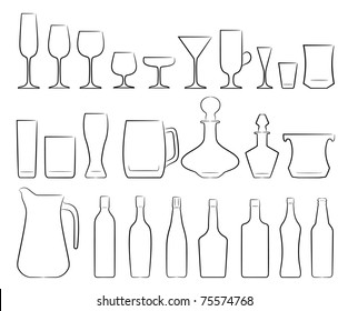 A set of stylized Glasses and bottles vector icons, in white background isolated