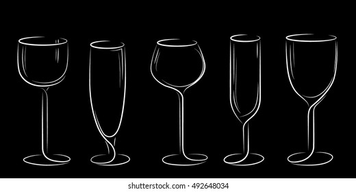 Set of stylized glasses on a black background. Isolated