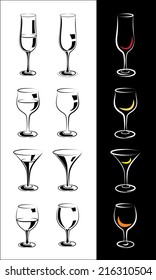 set of stylized glasses for wine, champagne, whiskey, cognac, brandy, rum, and so forth in a few Interpretation