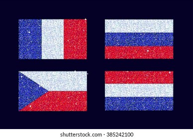 A set of stylized glitter sparkling shiny blue red and white country flags. The set includes France, Russian Federation, Czech Republic, Netherlands.
