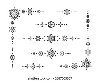 A set of stylized graphic elements for design - twisted dynamic lines and loops, decorative flowers, snowflakes and stars, calligraphy. Vector illustration on white background.