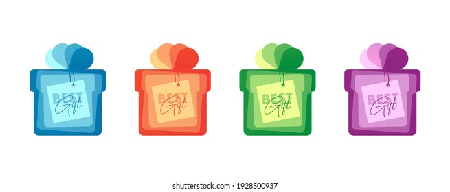 Set of stylized graphic gift boxes in different color with overlapping color shapes and bow with greeting card on it, promo label element