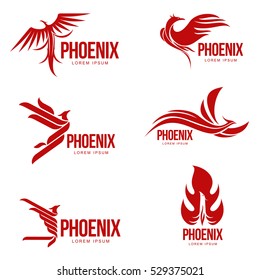 Set of stylized graphic phoenix bird logo templates, vector illustration isolated on white background. Collection of creative phoenix bird logotype templates, growth, development, power concept
