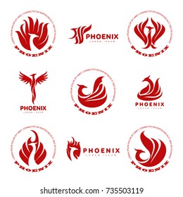 Set of stylized graphic phoenix bird logo templates. Collection of creative phoenix bird logotype templates, growth, development, power concept. Vector illustration isolated on white background.