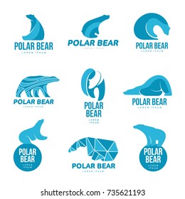 Set of stylized graphic polar bear logo templates. Collection of creative polar bear logotype templates, growth, development, power concept. Vector illustration isolated on white background.