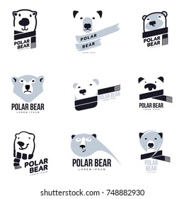 Set of stylized graphic polar bear logo templates. Collection of creative polar bear logotype templates, growth, development, power concept. Vector illustration isolated on white background.