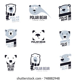 Set of stylized graphic polar bear logo templates. Collection of creative polar bear logotype templates, growth, development, power concept. Vector illustration isolated on white background.