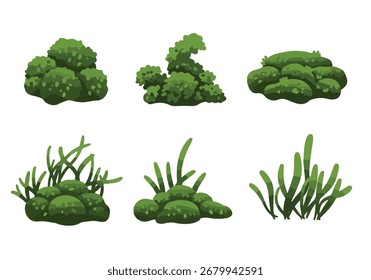 Set of stylized green bushes and grass, cartoon vector illustration elements for natural landscape design on white background.