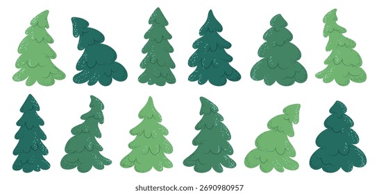 Set of stylized green fir trees with texture. Great for holiday patterns, stickers, and design.
