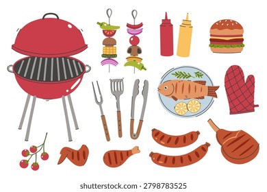 A set of stylized grill elements and food for a barbecue party. Vector graphics.
